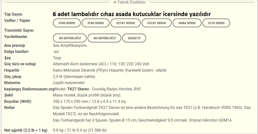GRUNDIG TK 27 MAKARALI 6 LAMBALI TEYP CALAR ALMAN MALI 220 VOLT