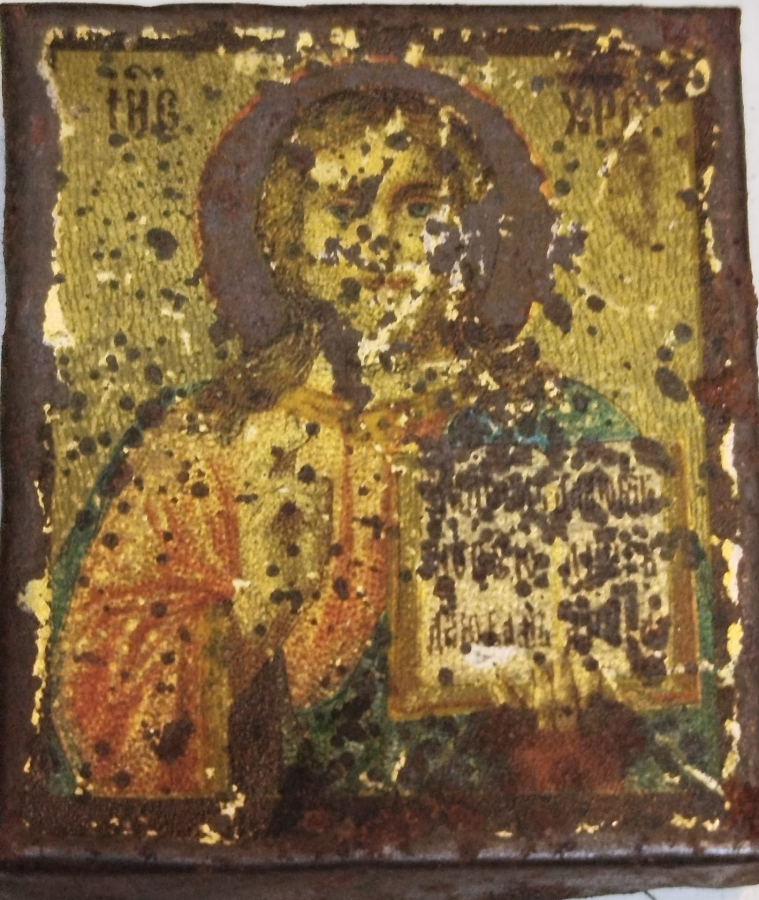 1920 İKONA MASİF AHSAP UZERİNE CAKILMIS TENEKE BASKI HZ İSA