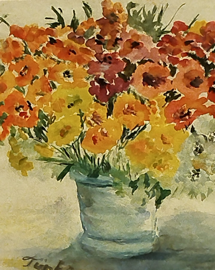 1960 SULUBOYA CALIŞMA  VAZODA GELİNCİK CİCEKLERİ KENDİ CERCEVESİNDE TURKAN İMZALI