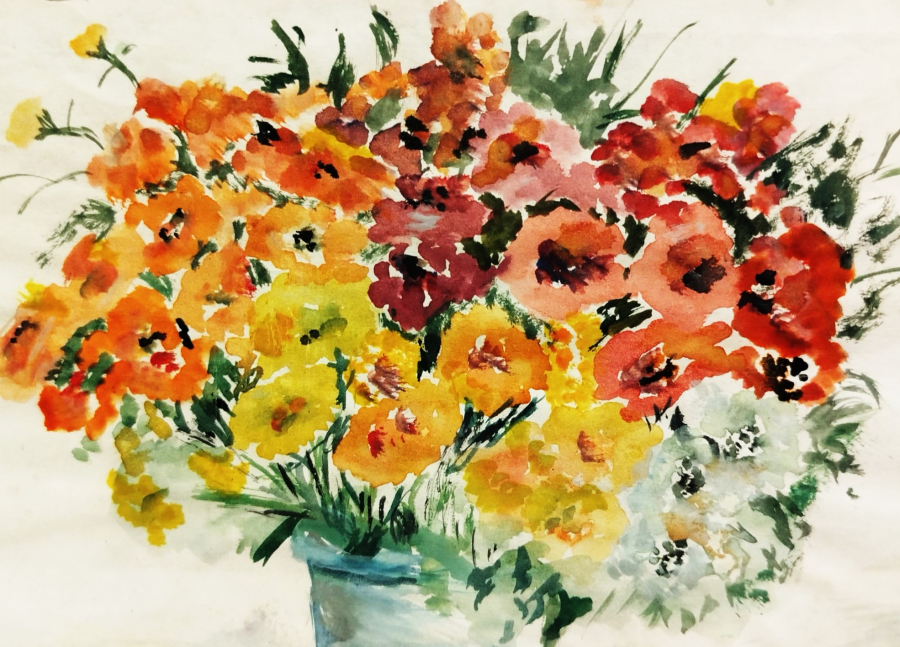 1960 SULUBOYA CALIŞMA  VAZODA GELİNCİK CİCEKLERİ KENDİ CERCEVESİNDE TURKAN İMZALI