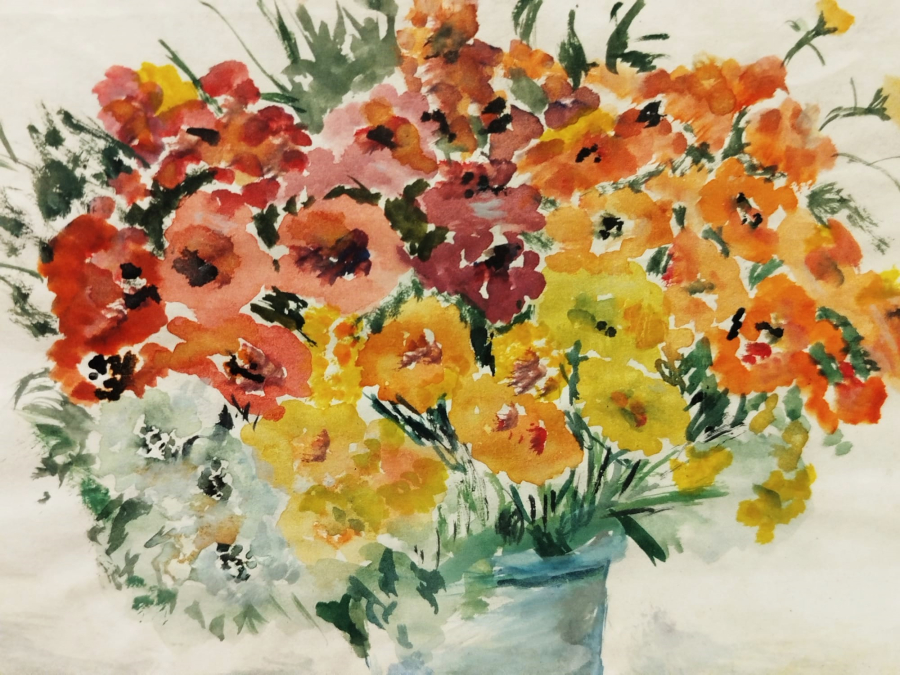 1960 SULUBOYA CALIŞMA  VAZODA GELİNCİK CİCEKLERİ KENDİ CERCEVESİNDE TURKAN İMZALI