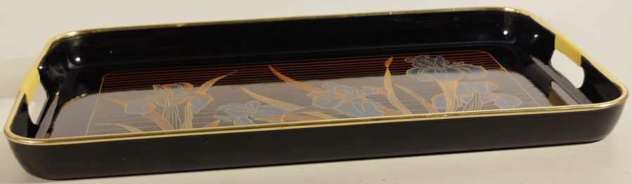 1950 JAPON SERVİS TEPSİ SİYAH LAKE GERGİS CİCEKLERİ GÖRSELLİ