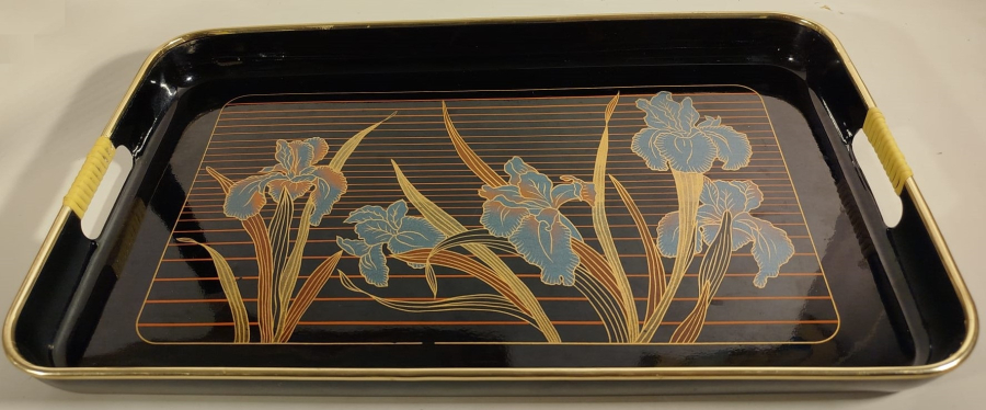 1950 JAPON SERVİS TEPSİ SİYAH LAKE GERGİS CİCEKLERİ GÖRSELLİ