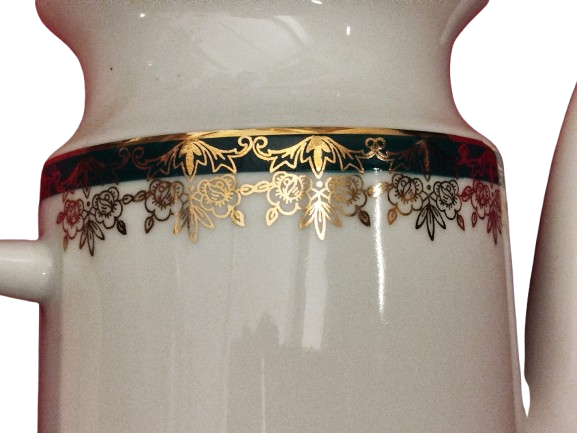 1970 PORSELEN KAPAKLI CAY POTU UZERİ YESİL CİCEKLİ VE ALTIN CEKME