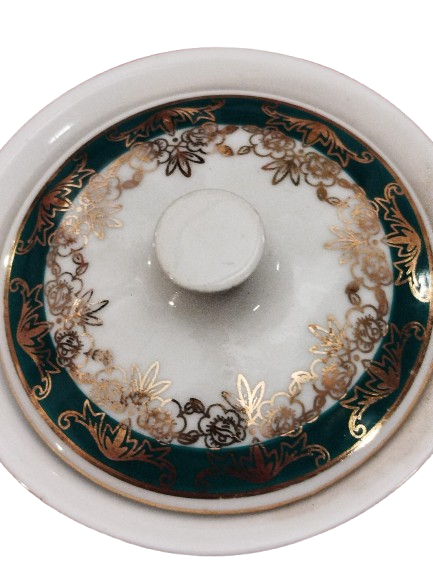 1970 PORSELEN KAPAKLI CAY POTU UZERİ YESİL CİCEKLİ VE ALTIN CEKME