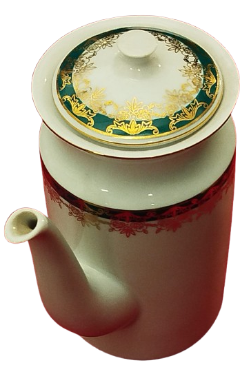 1970 PORSELEN KAPAKLI CAY POTU UZERİ YESİL CİCEKLİ VE ALTIN CEKME