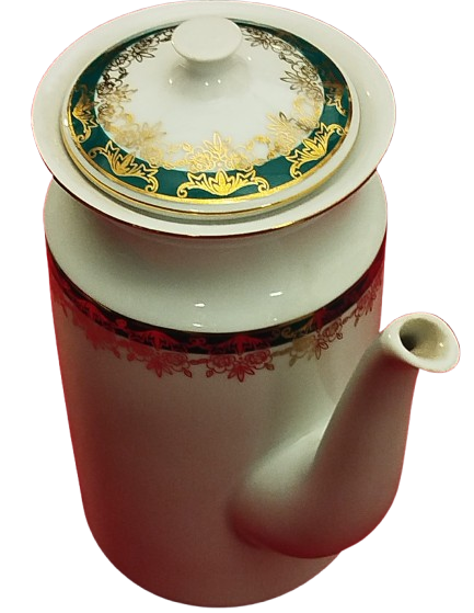 1970 PORSELEN KAPAKLI CAY POTU UZERİ YESİL CİCEKLİ VE ALTIN CEKME