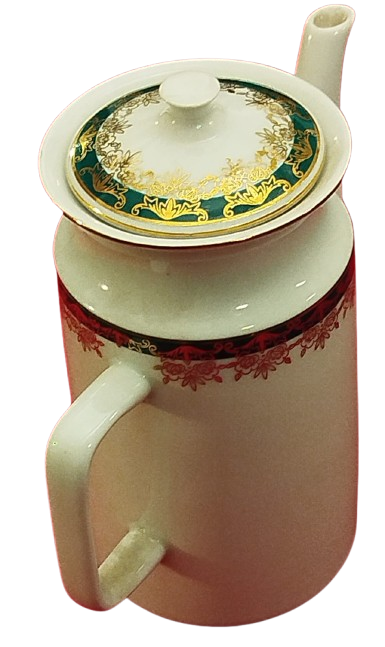 1970 PORSELEN KAPAKLI CAY POTU UZERİ YESİL CİCEKLİ VE ALTIN CEKME