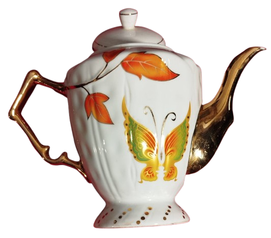 PORSELEN KAPAKLI CAY POTU UZERİ CİCEKLİ VE ALTIN CEKME KULP VE EMZİK KISMI 