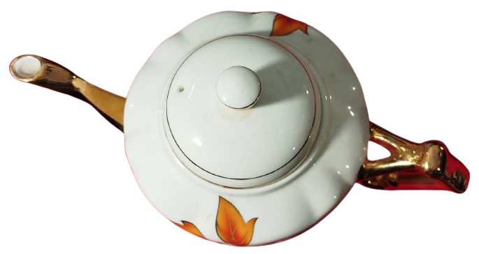 PORSELEN KAPAKLI CAY POTU UZERİ CİCEKLİ VE ALTIN CEKME KULP VE EMZİK KISMI 