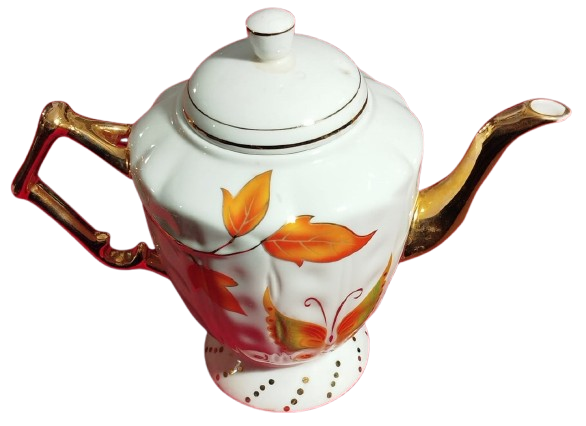 PORSELEN KAPAKLI CAY POTU UZERİ CİCEKLİ VE ALTIN CEKME KULP VE EMZİK KISMI 