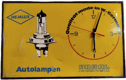 HEJALUX AUTOLAMPEN ARSAL CAM SANAYİ VE TİCARET AS OTO LAMBA REKLAMLI TENEKE DUVAR SAATİ