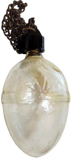 1920 CAM SEFFAF KABARTMA FİYONKLU KOYU BAKALİT ZİNCİR BAGLI KAPAKLI  UFAK PARFUM SİSESİ 