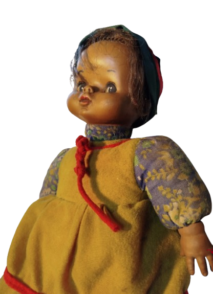 1970 FATOS BEBEK EL YAPIM SAPKALI ETEK ELBİSELİ  PAMUK DOLGULU OYUNCAK 