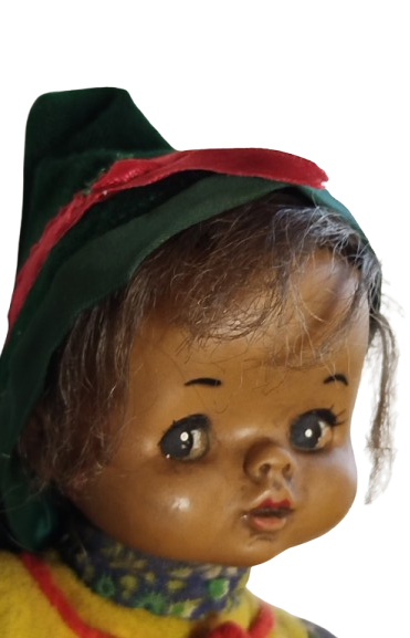 1970 FATOS BEBEK EL YAPIM SAPKALI ETEK ELBİSELİ  PAMUK DOLGULU OYUNCAK 