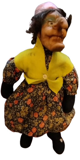 1970 FATOŞ TÜRK MALI YERLİ OYUNCAK ELBİSELİ SARI YELEKLİ UCAN CADI BEZ BEBEK