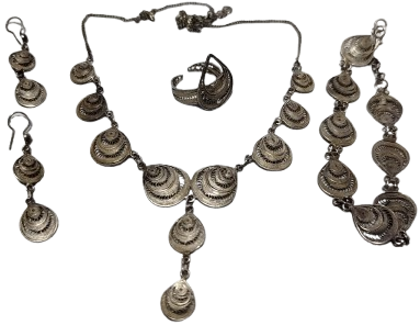 OSMANLI HİLAL MOTİFLİ TELKARİ GUMUS EL YAPIM USTA İSİ DORT PARCA TAKI SETİ 