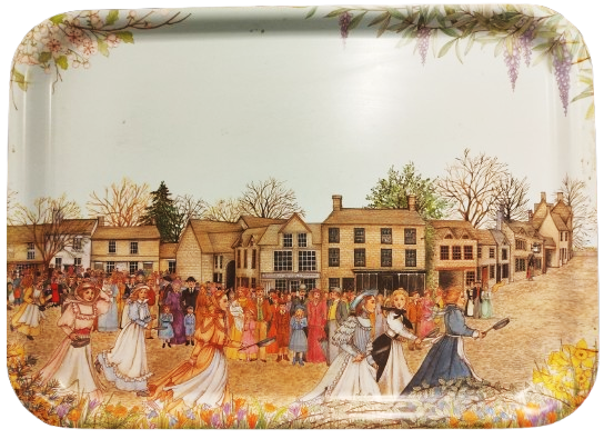 1960 MELAMİNE CROYDEX TEPSİ  ÜZERİ KOY MEYDANI GORSELLİ MELAMİN İNGİLİZ