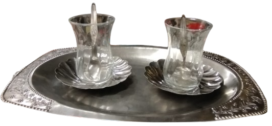 1970 CAY KEYFİ TEPSİ CAY TABAGI KASIK CAM BARDAK KROM PASLANMAZDAN