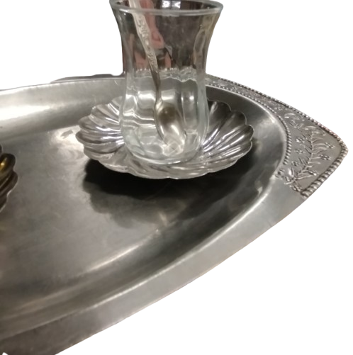 1970 CAY KEYFİ TEPSİ CAY TABAGI KASIK CAM BARDAK KROM PASLANMAZDAN