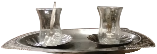 1970 CAY KEYFİ TEPSİ CAY TABAGI KASIK CAM BARDAK KROM PASLANMAZDAN