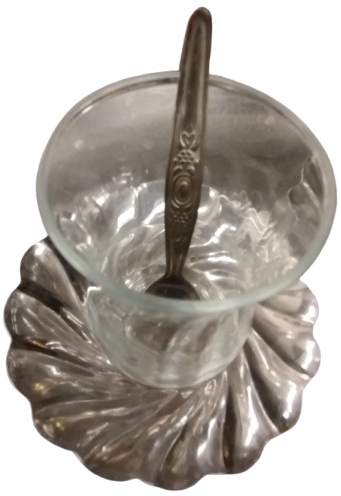 1970 CAY KEYFİ TEPSİ CAY TABAGI KASIK CAM BARDAK KROM PASLANMAZDAN