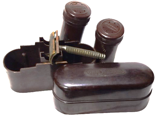 1940 WARDONİA SHEFFİELD  RAZORS SEYEHAT SETİ BAKALİT  KUTUSUNDA TAM TAKIM MADE IN ENGLAND