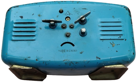 1960 POLARIS KURMALI ALARMLI MAVİ METAL KASA MASA SAATİ DİKDORTGEN FOSFORLU KADRAN 