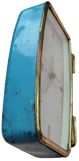 1960 POLARIS KURMALI ALARMLI MAVİ METAL KASA MASA SAATİ DİKDORTGEN FOSFORLU KADRAN 