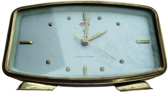 1960 POLARIS KURMALI ALARMLI MAVİ METAL KASA MASA SAATİ DİKDORTGEN FOSFORLU KADRAN 