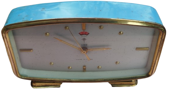 1960 POLARIS KURMALI ALARMLI MAVİ METAL KASA MASA SAATİ DİKDORTGEN FOSFORLU KADRAN 