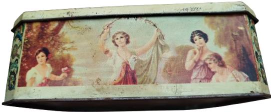 1970 KAPAKLI TENEKE KUTU ÜZERİNDE SANATCI ESEN PUSKULLU RESİMLİ KUTUNUN DORT KISMIDA RESİMLİDİR 