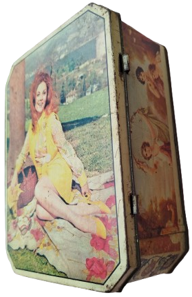 1970 KAPAKLI TENEKE KUTU ÜZERİNDE SANATCI ESEN PUSKULLU RESİMLİ KUTUNUN DORT KISMIDA RESİMLİDİR 