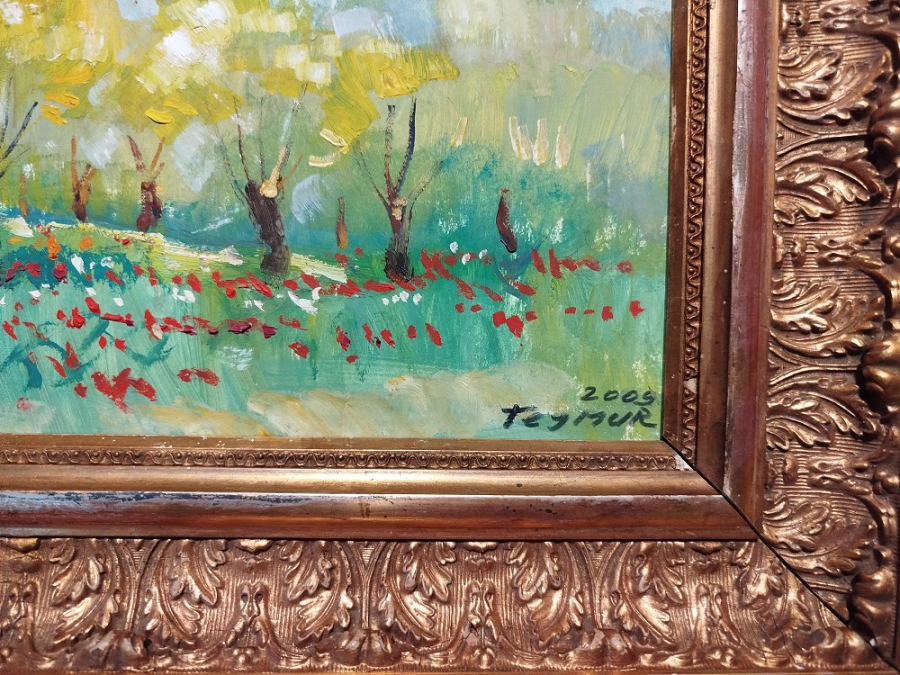 YAĞLI BOYA YAYLADA GELİNCİKLER SANATÇI RESSAM TEYMUR AĞALIOĞLU 2009 İMZALI DURALIT ÜZERİNE CALIŞMASI