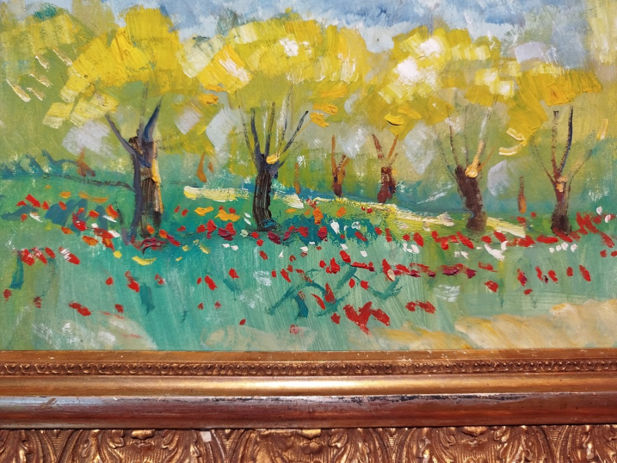 YAĞLI BOYA YAYLADA GELİNCİKLER SANATÇI RESSAM TEYMUR AĞALIOĞLU 2009 İMZALI DURALIT ÜZERİNE CALIŞMASI