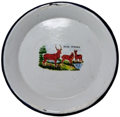 1960 YERLİ PETEK EMAYE UFAK BOYDA KAHVE TEPSİSİ ORTASI GEYİK  CEYLAN RESİMLİ