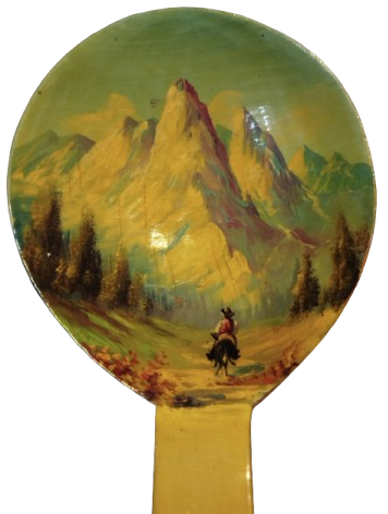 1970 DERECELİ DUVARA ASILAN UZERİ BOZKIRDA AT KOSTURAN RESİMLİ TAHTA KASIK  