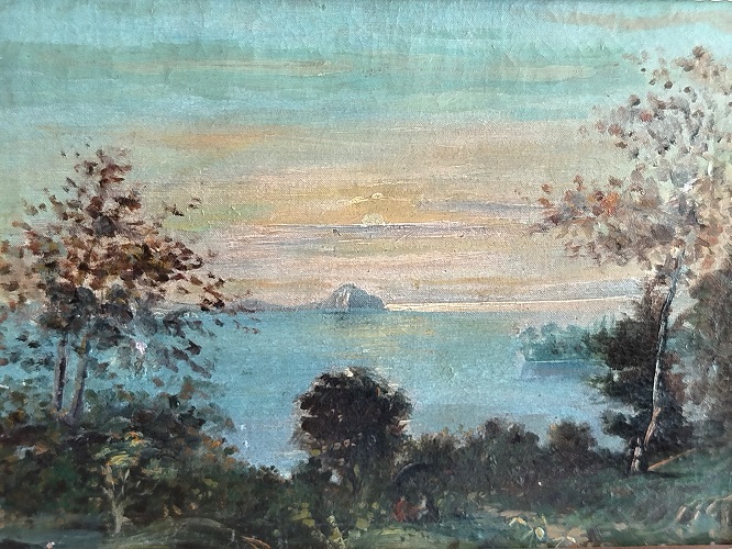 OSMANLI TABLO İMZA OKUNAMADI BOGAZ SIRTLARINDA KIRDA GEZİNTİ YAGLI BOYA TABLO ARKASINDA OSMANLICA NUR YAZMAKTA