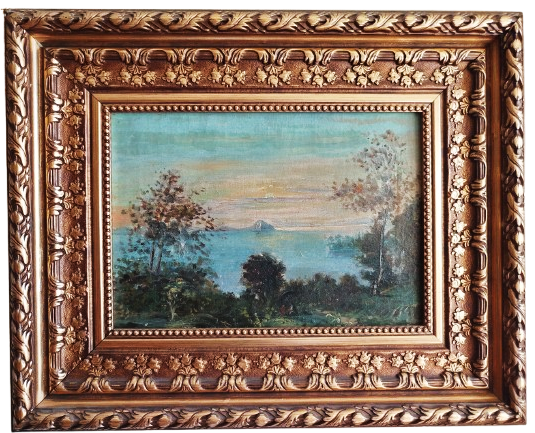 OSMANLI TABLO İMZA OKUNAMADI BOGAZ SIRTLARINDA KIRDA GEZİNTİ YAGLI BOYA TABLO ARKASINDA OSMANLICA NUR YAZMAKTA