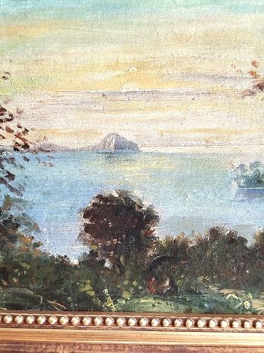 OSMANLI TABLO İMZA OKUNAMADI BOGAZ SIRTLARINDA KIRDA GEZİNTİ YAGLI BOYA TABLO ARKASINDA OSMANLICA NUR YAZMAKTA