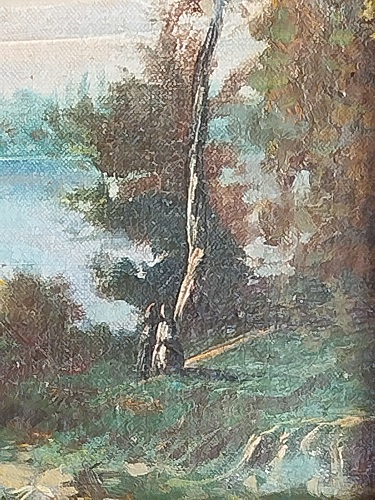 OSMANLI TABLO İMZA OKUNAMADI BOGAZ SIRTLARINDA KIRDA GEZİNTİ YAGLI BOYA TABLO ARKASINDA OSMANLICA NUR YAZMAKTA