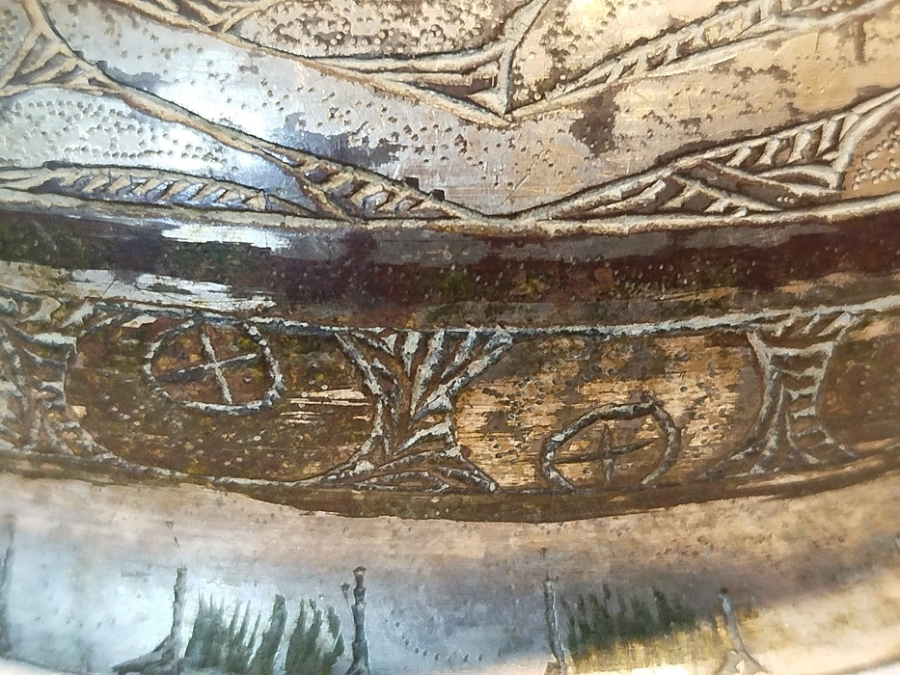 OSMANLI UZERİ KALEM İŞİ EL KAZIMA SAVATLI  BAKIR ORTA BOY HAMAM TASI