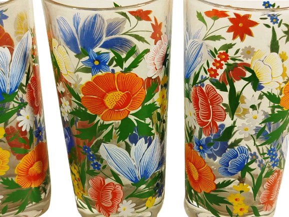 1970 UZUN BOY GENİS AGIZLI SUŞERBET İCECEK  BARDAGI 4 ADET UZERLERİ EL BOYAMA  RENKLİ CİCEK DESENLİ