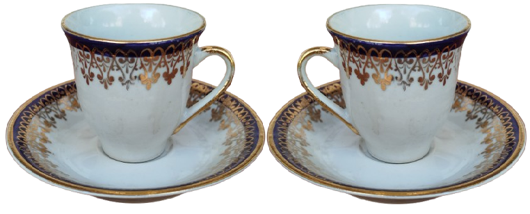 1960 İSTANBUL PORSELEN CİFT TURK KAHVE BOYU TABAKLI FİNCAN ALTIN EL CEKME KENAR VE İSLEMELER