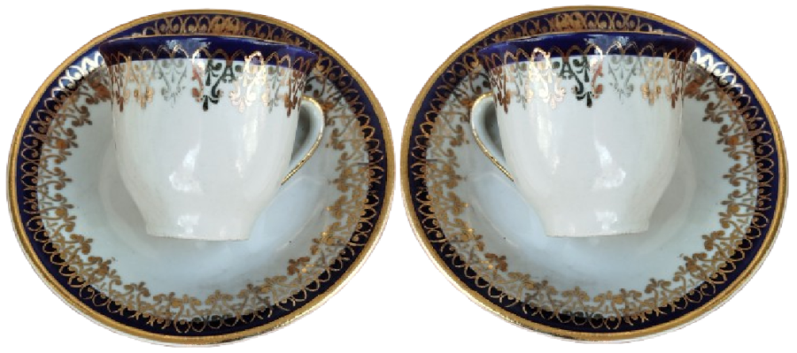 1960 İSTANBUL PORSELEN CİFT TURK KAHVE BOYU TABAKLI FİNCAN ALTIN EL CEKME KENAR VE İSLEMELER