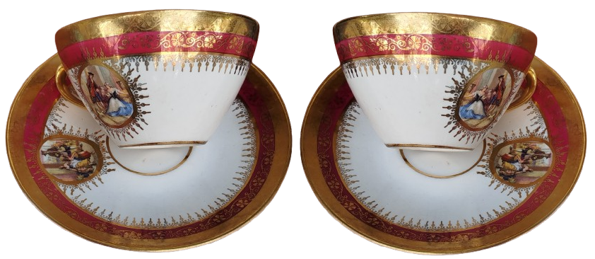 1960 SUMERBANK CİFT TABANLI CAY FİNCANI UZERİ PRENS PRENSES RESİMLİ  KENARLAR ALTIN EL CEKME 