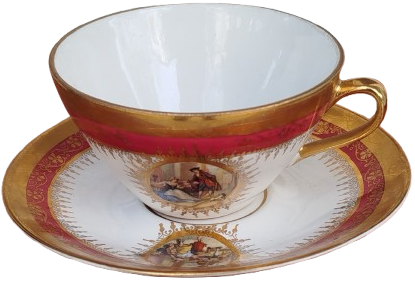 1960 SUMERBANK CİFT TABANLI CAY FİNCANI UZERİ PRENS PRENSES RESİMLİ  KENARLAR ALTIN EL CEKME 