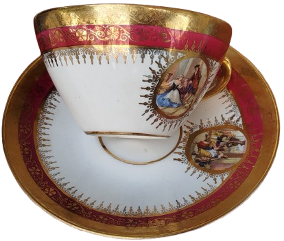 1960 SUMERBANK CİFT TABANLI CAY FİNCANI UZERİ PRENS PRENSES RESİMLİ  KENARLAR ALTIN EL CEKME 