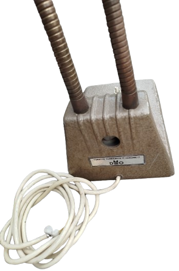 1950 DEVLET MALZEME OFİSİ DOKUM METAL FLORASANS LAMBALI MASA LAMBASI HAREKETLİ CİFT CELİK HELOZON