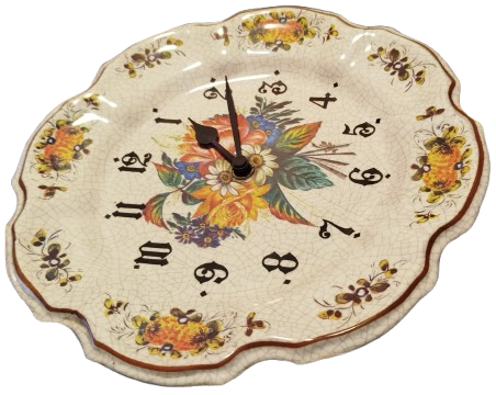 ALMAN MALI MELAMİN QUARTZ PİLLİ GÖBEK VE KENARLAR EL CİZİM CİCEK DESENLİ MUTFAK SAATİ 1960 LI YLLAR